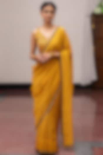 Golden Yellow Crushed Silk Embroidered Woven Wedding Saree Set by Mimamsaa at Pernia's Pop Up Shop