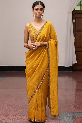 Golden Yellow Crushed Silk Embroidered Woven Saree Set by Mimamsaa