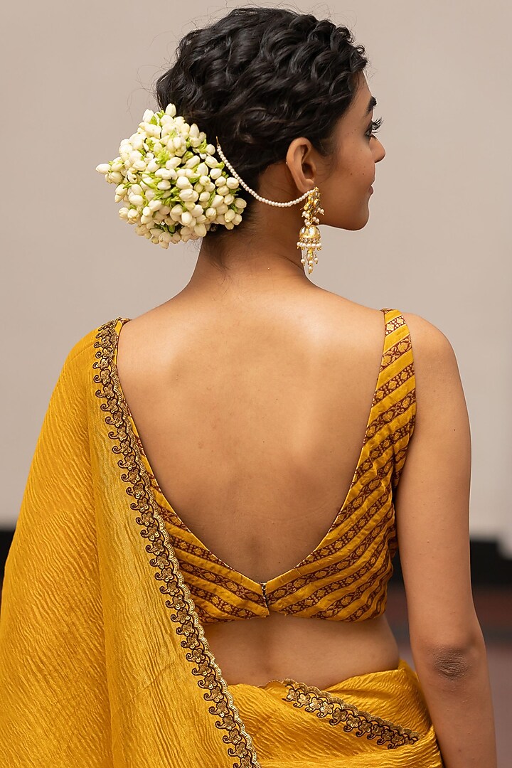 Golden Yellow Crushed Silk Embroidered Woven Wedding Saree Set by Mimamsaa at Pernia's Pop Up Shop