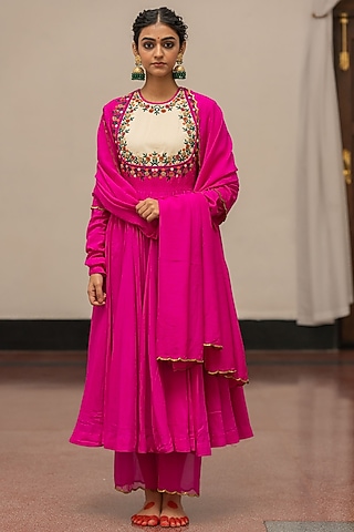 Fuchsia Moonga Silk Embroidered Woven Anarkali Set by Mimamsaa