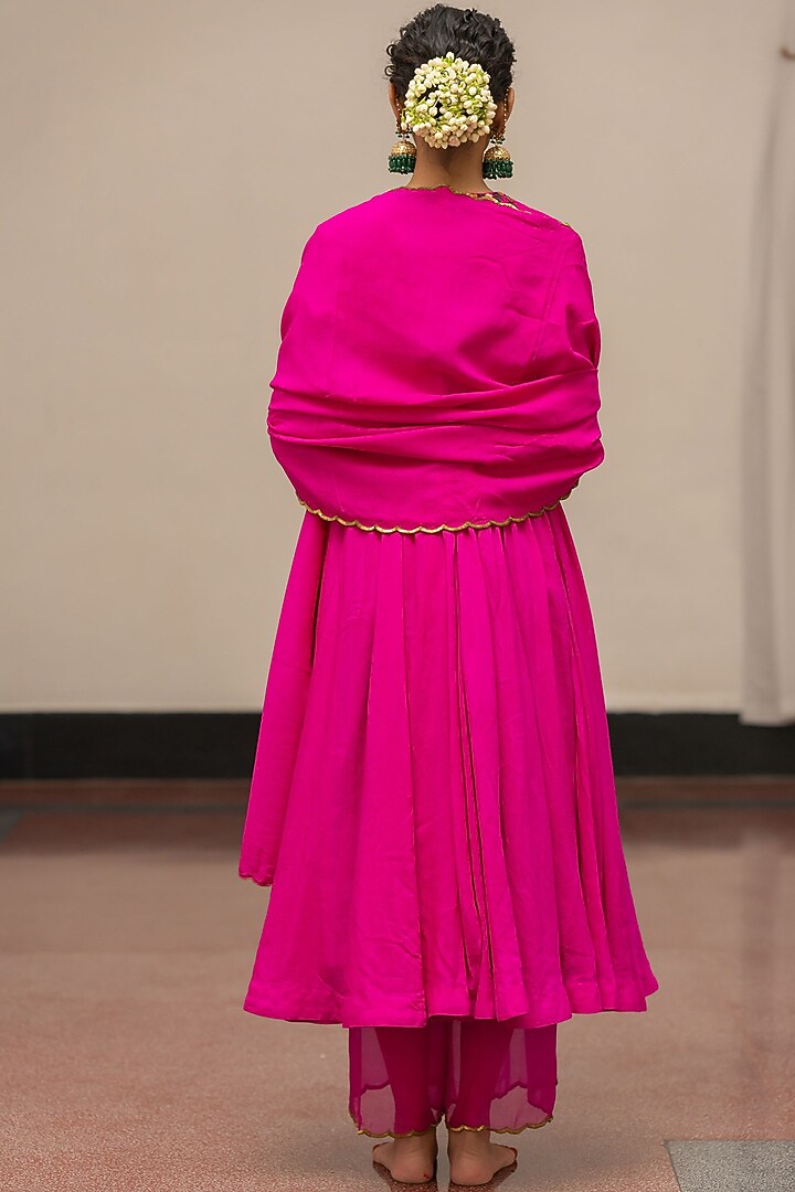 Fuchsia Moonga Silk Embroidered Woven Wedding Anarkali Set by Mimamsaa at Pernia's Pop Up Shop