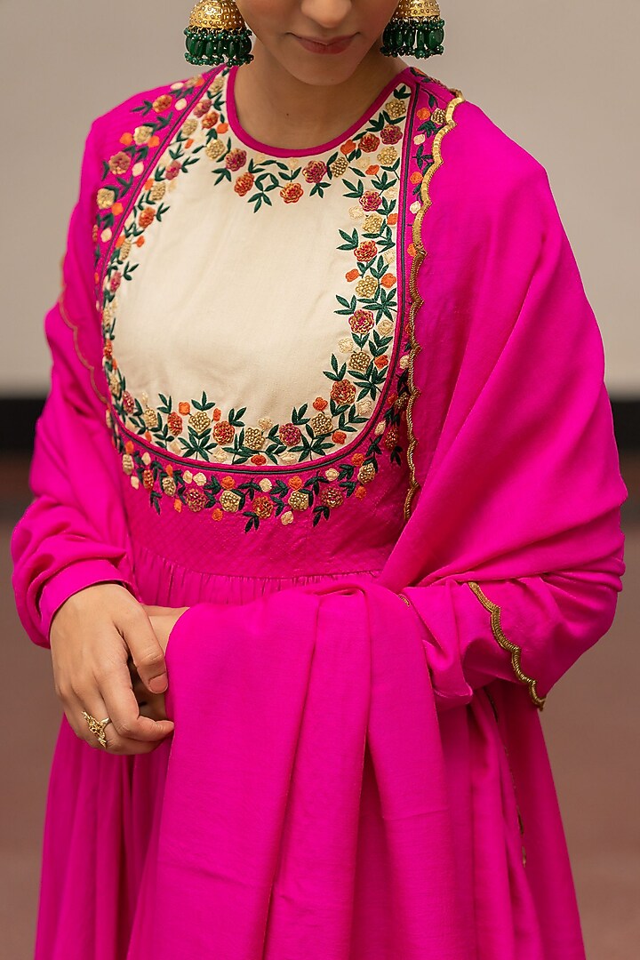 Fuchsia Moonga Silk Embroidered Woven Wedding Anarkali Set by Mimamsaa at Pernia's Pop Up Shop