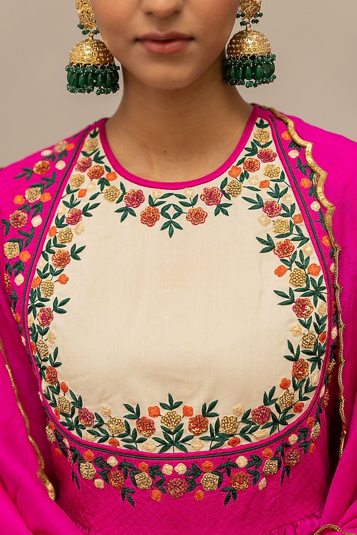 Fuchsia Moonga Silk Embroidered Woven Wedding Anarkali Set by Mimamsaa at Pernia's Pop Up Shop