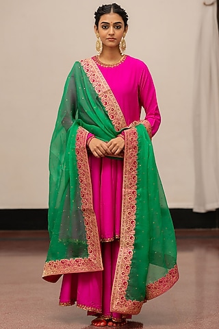Emerald Green Organza Silk Embroidered Woven Dupatta by Mimamsaa