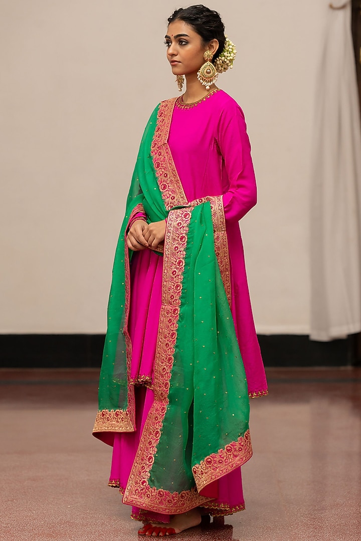 Emerald Green Organza Silk Embroidered Woven Dupatta by Mimamsaa at Pernia's Pop Up Shop