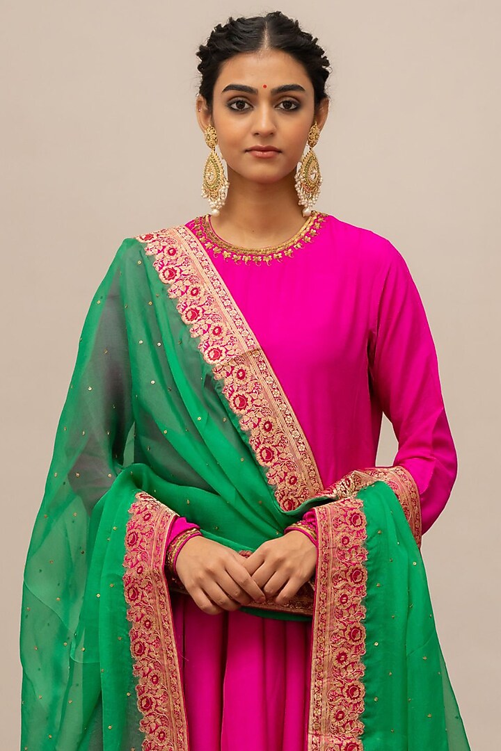 Emerald Green Organza Silk Embroidered Woven Dupatta by Mimamsaa at Pernia's Pop Up Shop