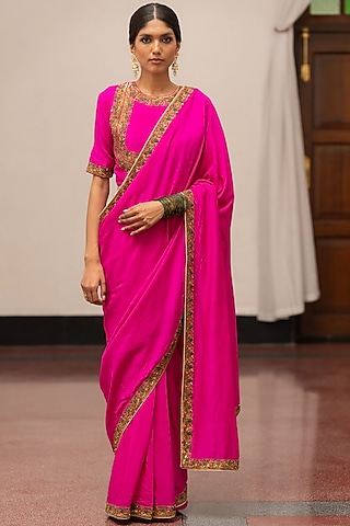 Fuchsia Moonga Silk Embroidered Woven Saree Set by Mimamsaa