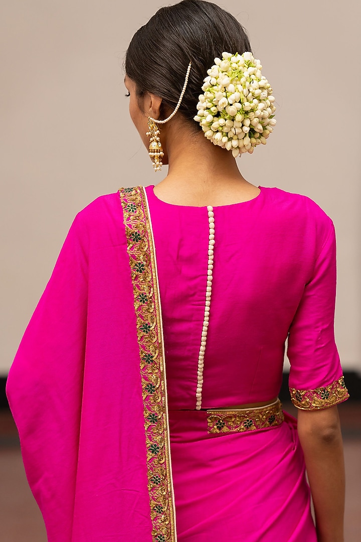 Fuchsia Moonga Silk Embroidered Woven Wedding Saree Set by Mimamsaa at Pernia's Pop Up Shop
