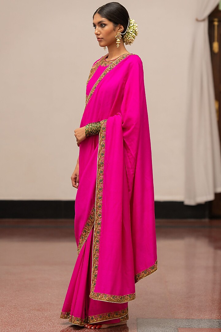 Fuchsia Moonga Silk Embroidered Woven Wedding Saree Set by Mimamsaa at Pernia's Pop Up Shop