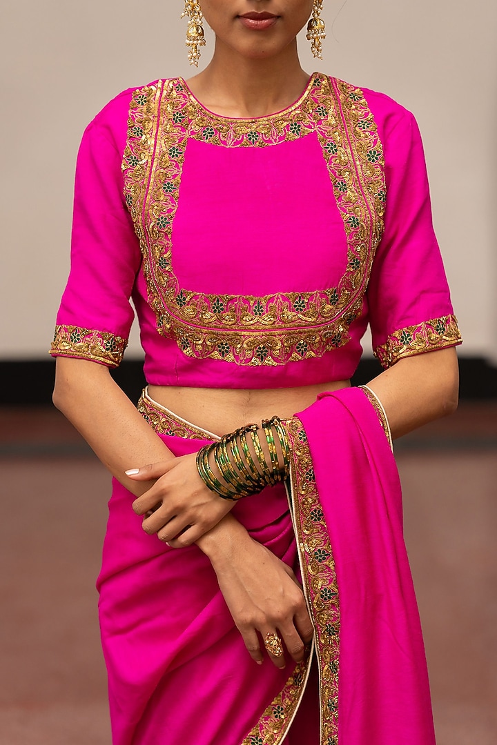Fuchsia Moonga Silk Embroidered Woven Wedding Saree Set by Mimamsaa at Pernia's Pop Up Shop