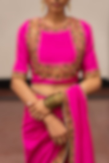 Fuchsia Moonga Silk Embroidered Woven Blouse by Mimamsaa at Pernia's Pop Up Shop