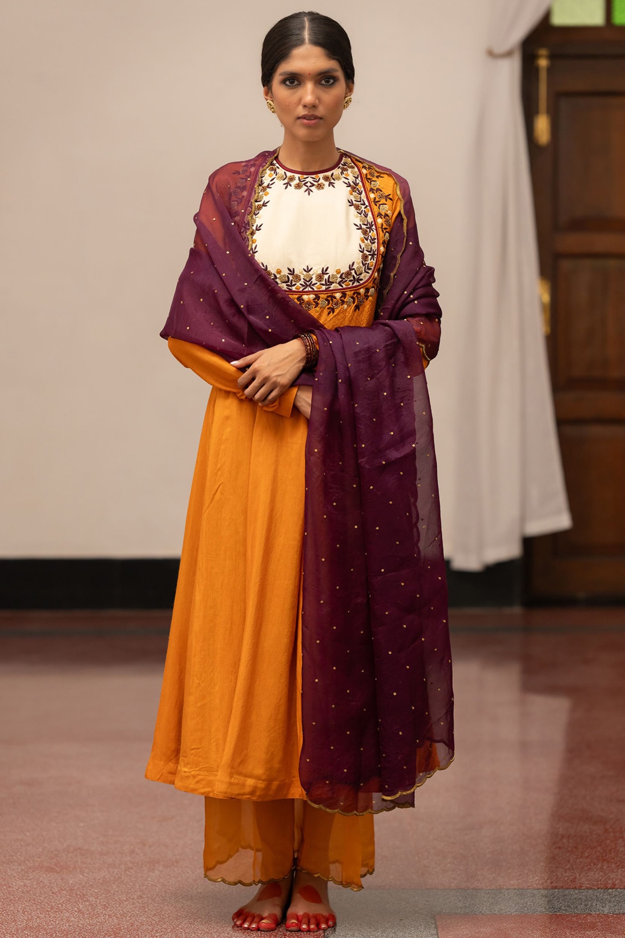 Mimamsaa Mustard Moonga Silk Embroidered Woven Anarkali Set