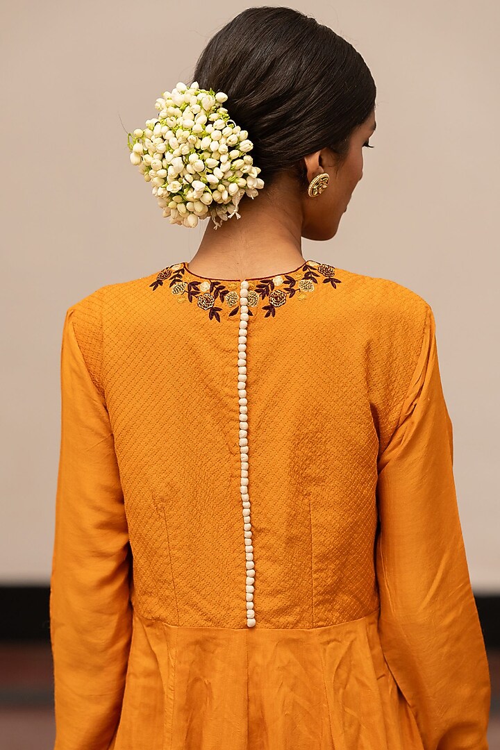 Mustard Moonga Silk Embroidered Woven Wedding Anarkali Set by Mimamsaa at Pernia's Pop Up Shop