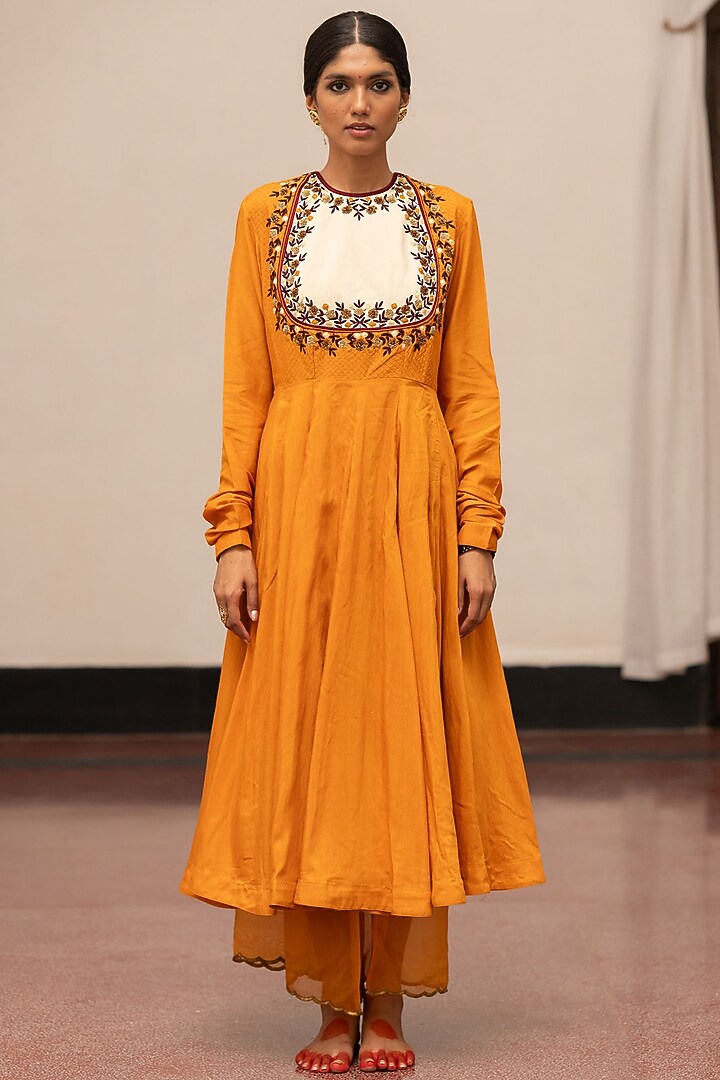 Mustard Moonga Silk Embroidered Woven Wedding Anarkali Set by Mimamsaa at Pernia's Pop Up Shop