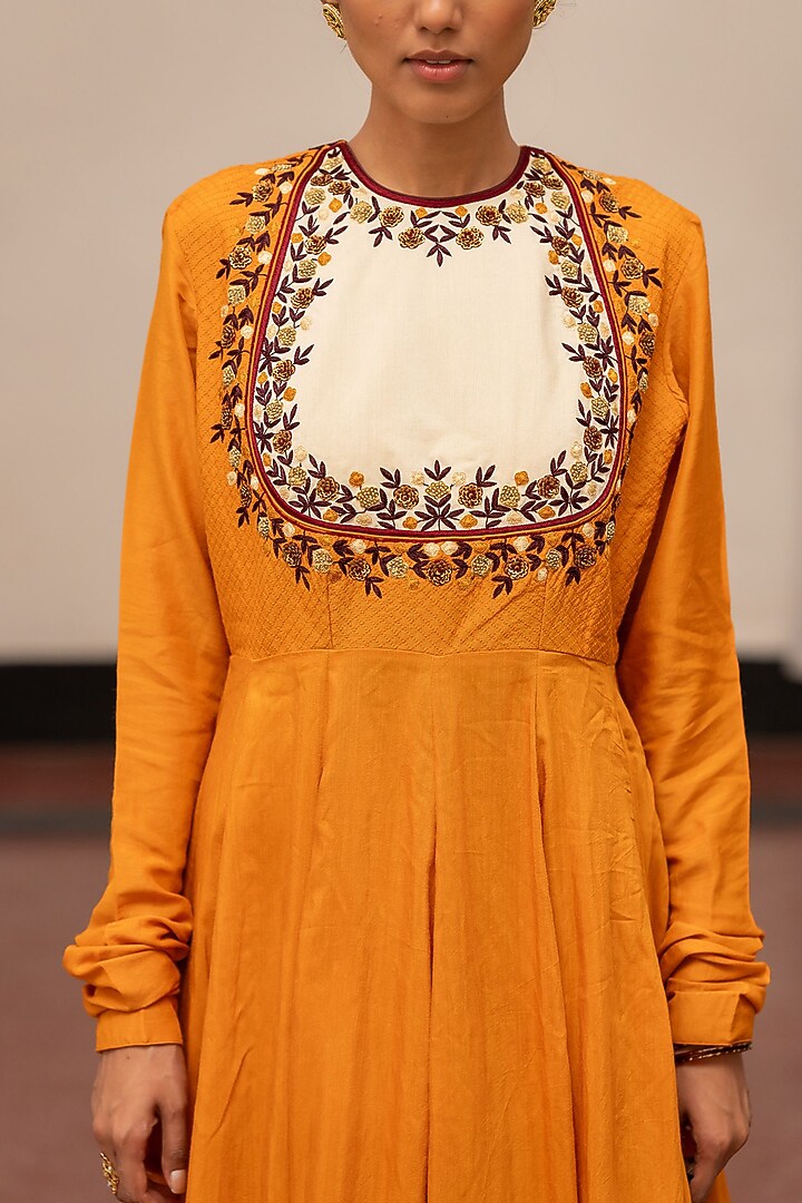 Mustard Moonga Silk Embroidered Woven Wedding Anarkali Set by Mimamsaa at Pernia's Pop Up Shop