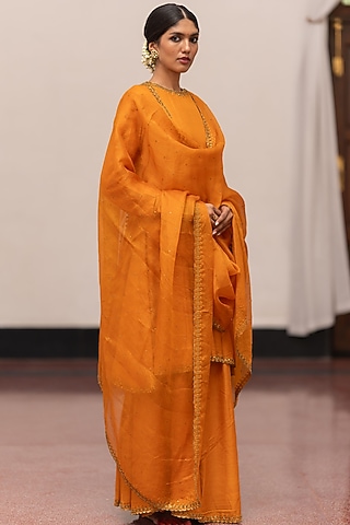 Mustard Organza Silk Embroidered Woven Dupatta by Mimamsaa