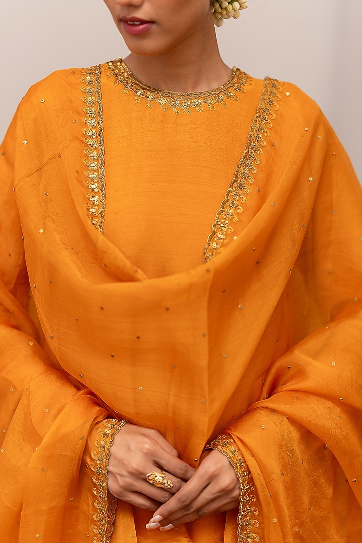 Mustard Organza Silk Embroidered Woven Dupatta by Mimamsaa at Pernia's Pop Up Shop