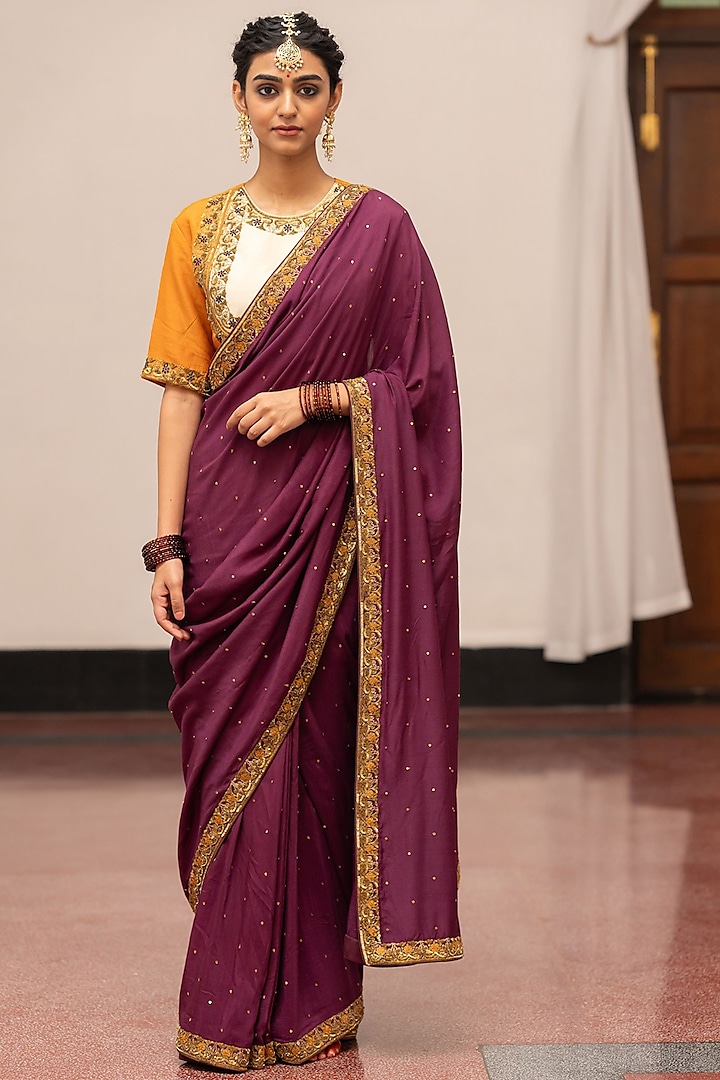 Burgundy Tissue Embroidered Woven Saree Set by Mimamsaa