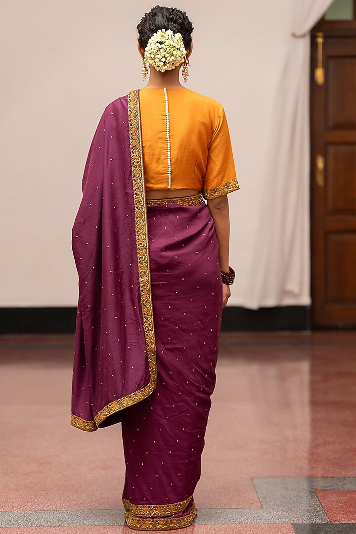 Burgundy Tissue Embroidered Woven Wedding Saree Set by Mimamsaa at Pernia's Pop Up Shop