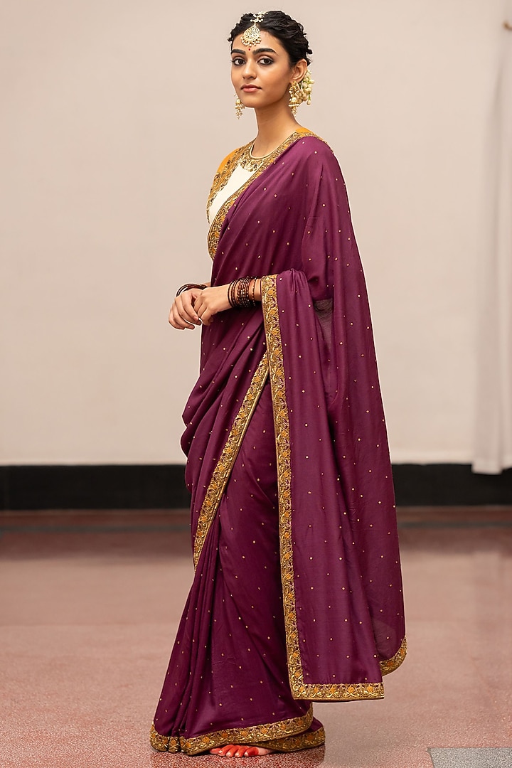 Burgundy Tissue Embroidered Woven Wedding Saree Set by Mimamsaa at Pernia's Pop Up Shop