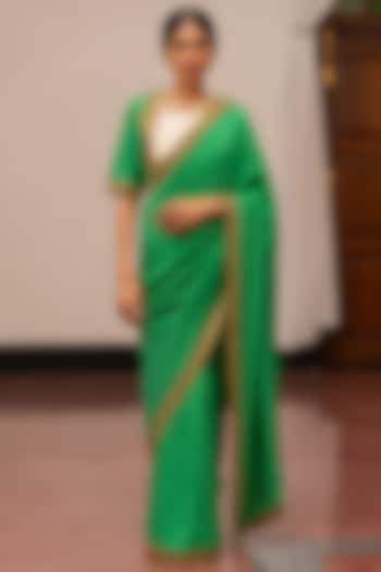Emerald Green Tissue Embroidered Woven Saree Set by Mimamsaa