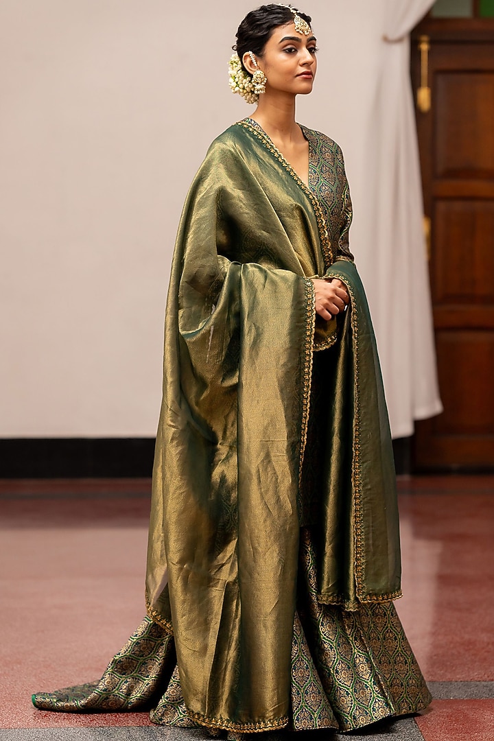 Green Tissue Silk Embroidered Woven Dupatta by Mimamsaa at Pernia's Pop Up Shop