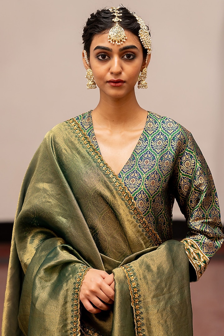 Green Tissue Silk Embroidered Woven Dupatta by Mimamsaa at Pernia's Pop Up Shop
