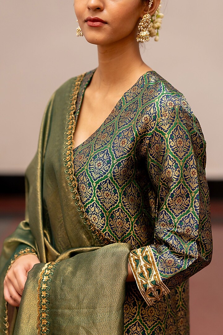Green Tissue Silk Embroidered Woven Dupatta by Mimamsaa at Pernia's Pop Up Shop