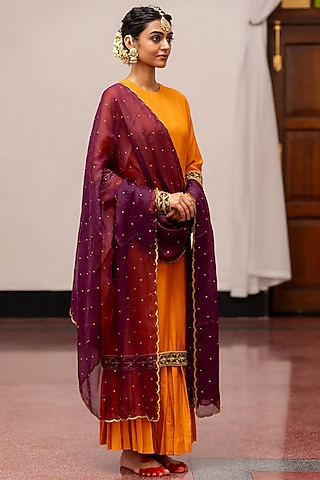 Burgundy Organza Silk Embroidered Woven Dupatta by Mimamsaa