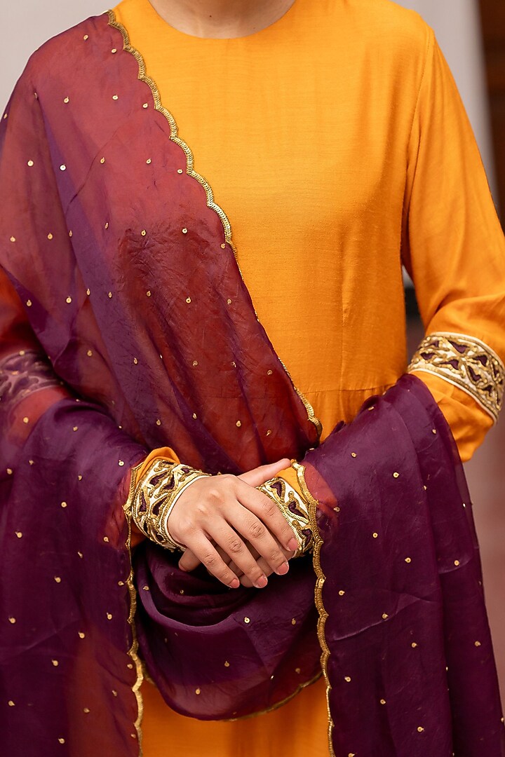 Burgundy Organza Silk Embroidered Woven Dupatta by Mimamsaa at Pernia's Pop Up Shop