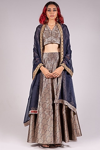 Navy Blue Handwoven Jamawar Silk Brocade Lehenga Set by Mimamsaa