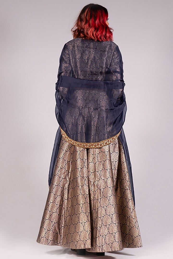 Navy Blue Handwoven Jamawar Silk Brocade Wedding Lehenga Set by Mimamsaa at Pernia's Pop Up Shop