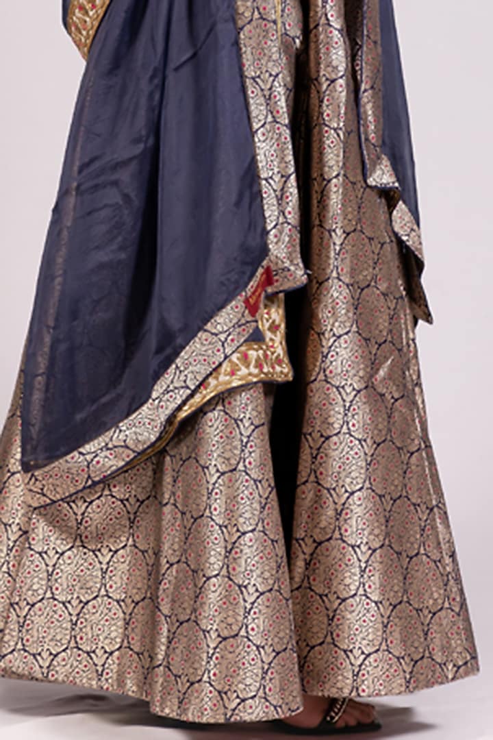Navy Blue Handwoven Jamawar Silk Brocade Wedding Lehenga Set by Mimamsaa at Pernia's Pop Up Shop