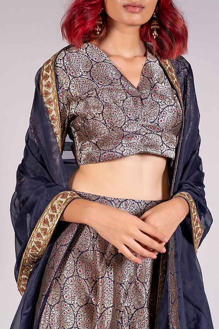 Navy Blue Handwoven Jamawar Silk Brocade Wedding Lehenga Set by Mimamsaa at Pernia's Pop Up Shop