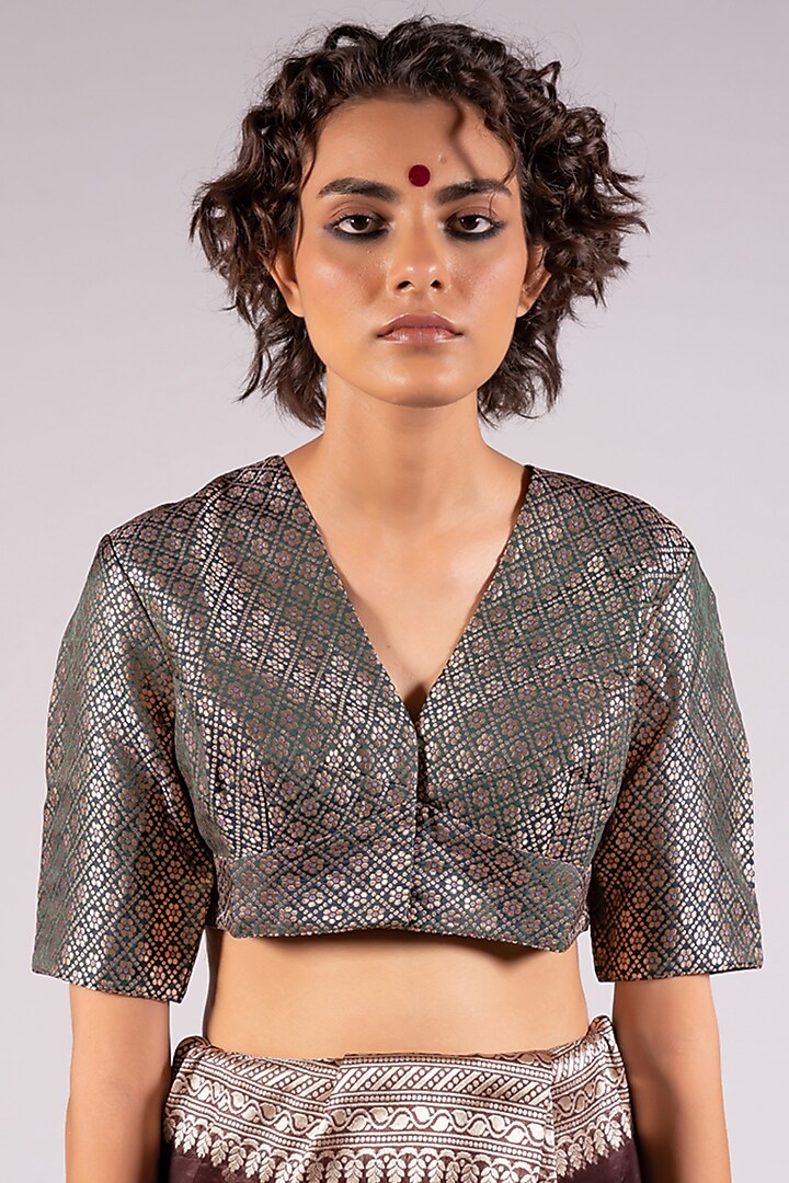 Olive Green Silk Brocade Blouse by Mimamsaa
