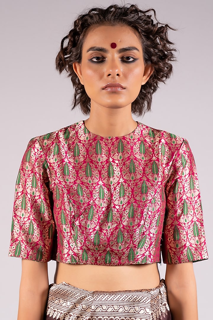 Pink Handwoven Silk Brocade Blouse by Mimamsaa