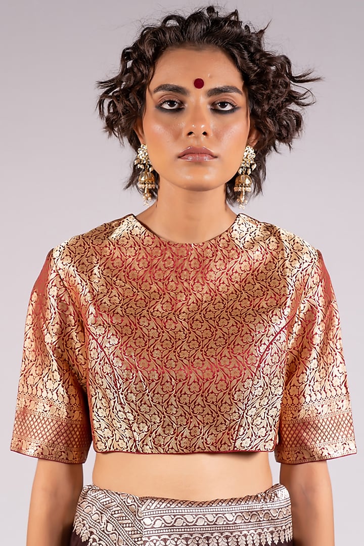 Maroon Handwoven Silk Brocade Blouse by Mimamsaa