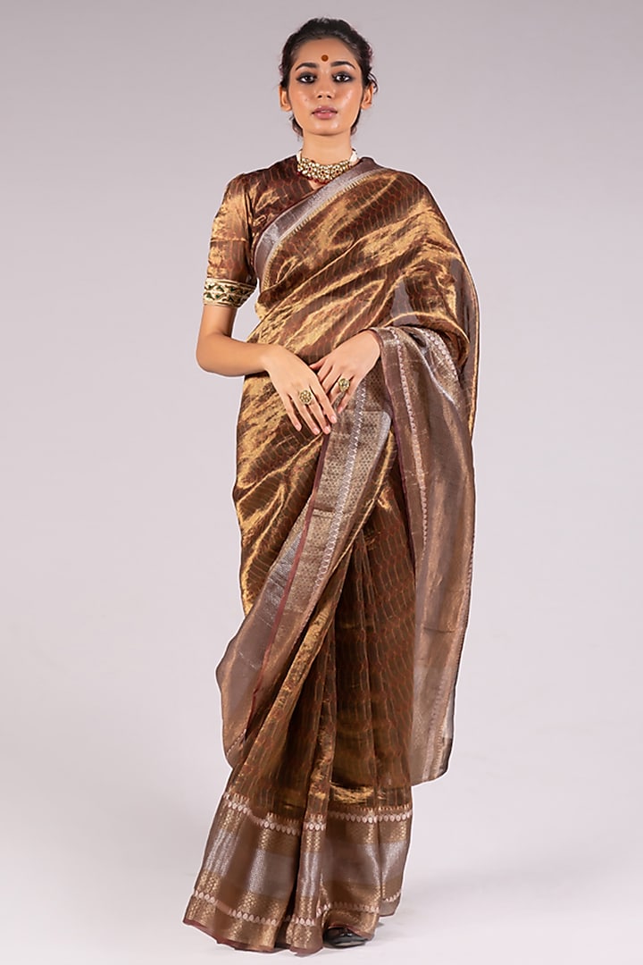Bronze Silk Tissue Saree Set by Mimamsaa