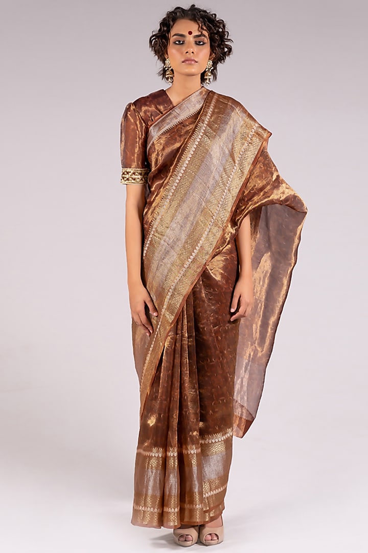 Bronze Silk Tissue Saree Set With Zari Border by Mimamsaa