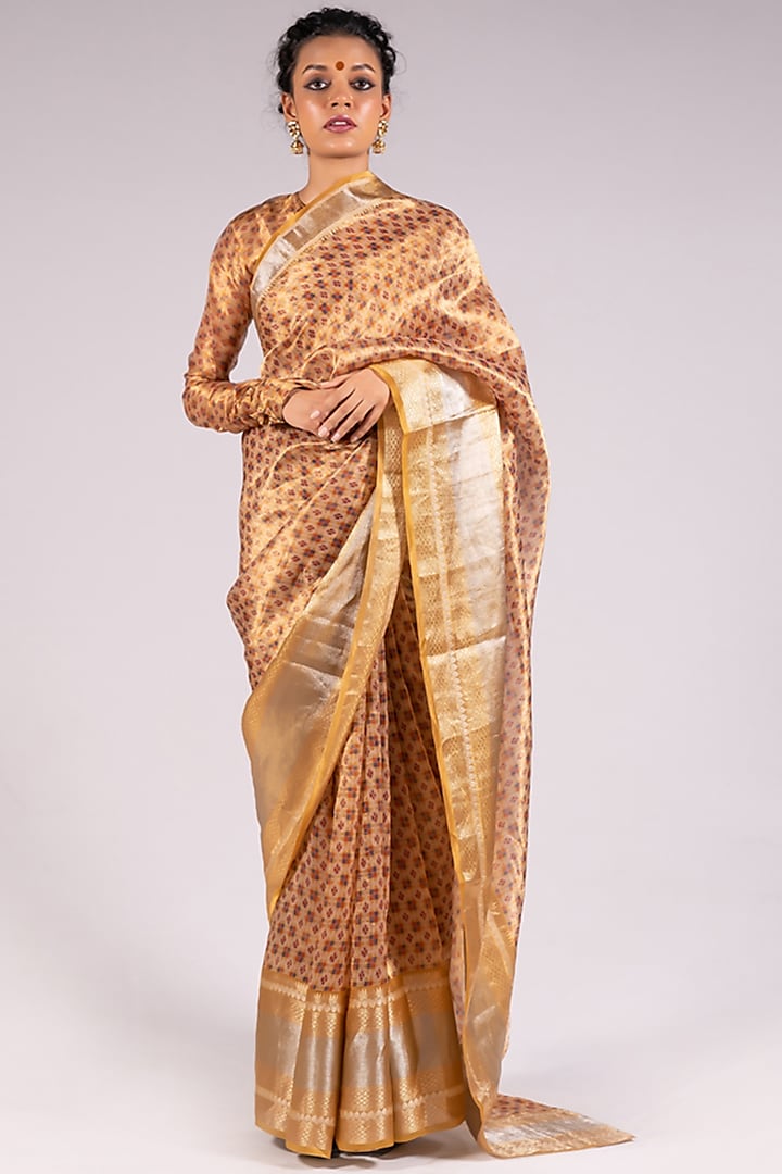 Beige Silk Tissue Printed Saree Set by Mimamsaa