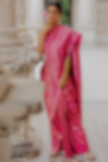 Magenta Pink Handwoven Silk Zari Jaal Work Saree Set by Mimamsaa