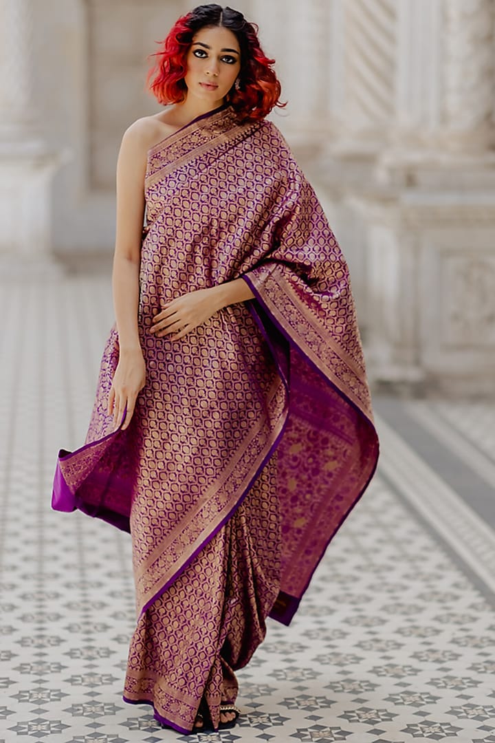 Purple Handwoven Silk Saree Set by Mimamsaa