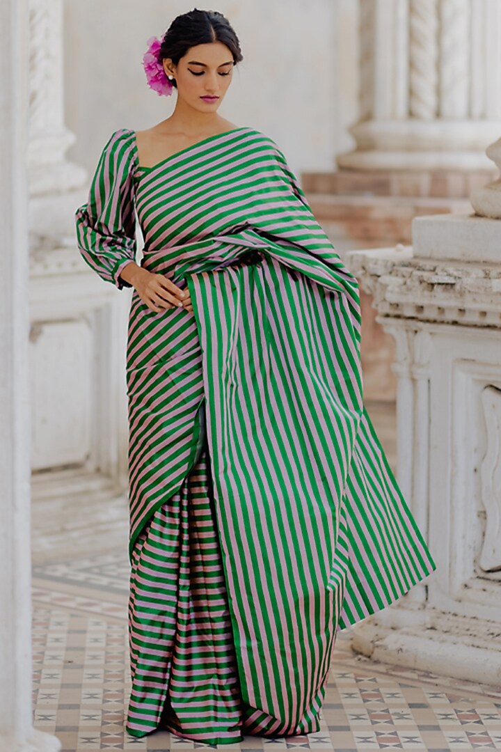 Emerald Green Handloom Satin Silk Striped Saree Set by Mimamsaa
