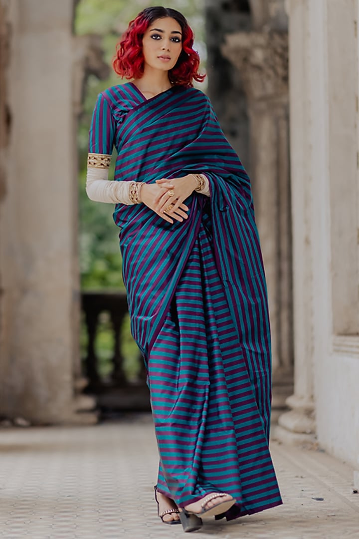 Cobalt Blue Striped Saree Set by Mimamsaa at Pernia's Pop Up Shop