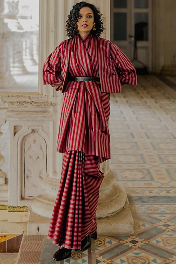 Maroon Hand Woven Satin Silk Striped Saree Set by Mimamsaa