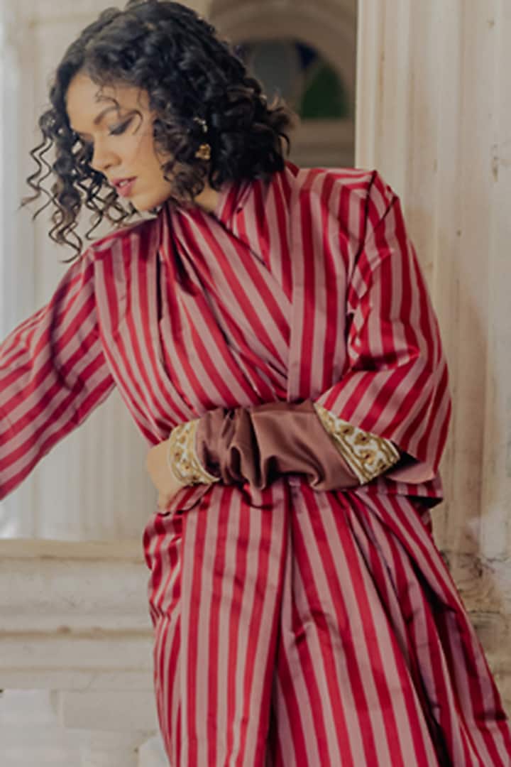 Maroon Hand Woven Satin Silk Striped Wedding Saree Set by Mimamsaa at Pernia's Pop Up Shop