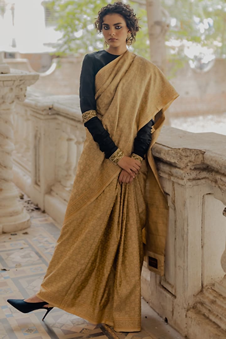 Beige Handwoven Silk Tanchui Saree Set by Mimamsaa