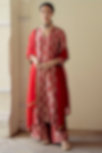 Red Silk Brocade Handwoven Kurta Set by Mimamsaa at Pernia's Pop Up Shop