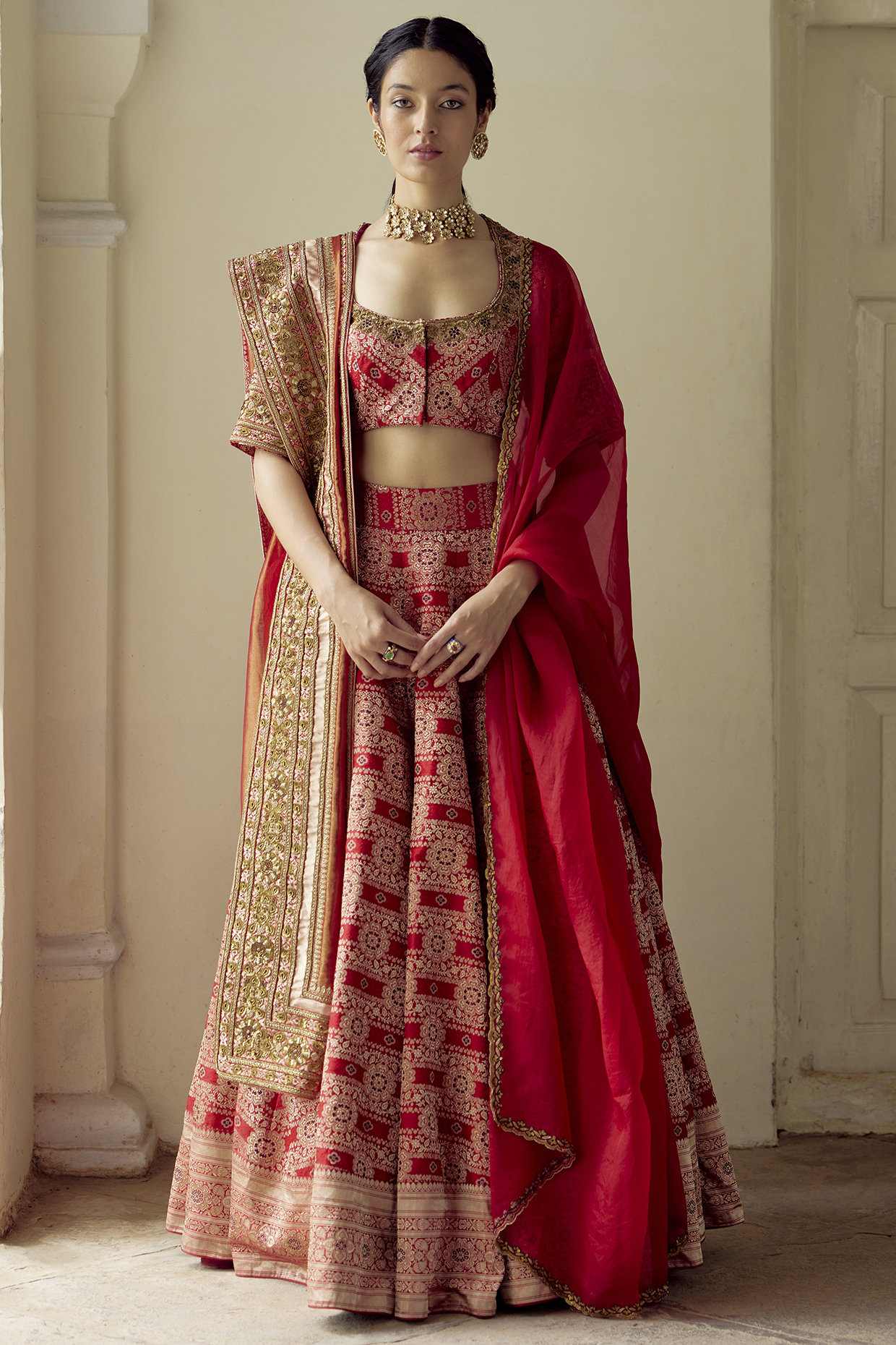 Red Embroidered Handwoven Lehenga Set by Mimamsaa