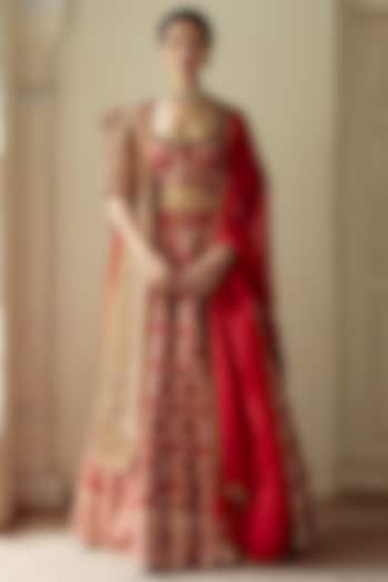 Red Embroidered Handwoven Lehenga Set by Mimamsaa